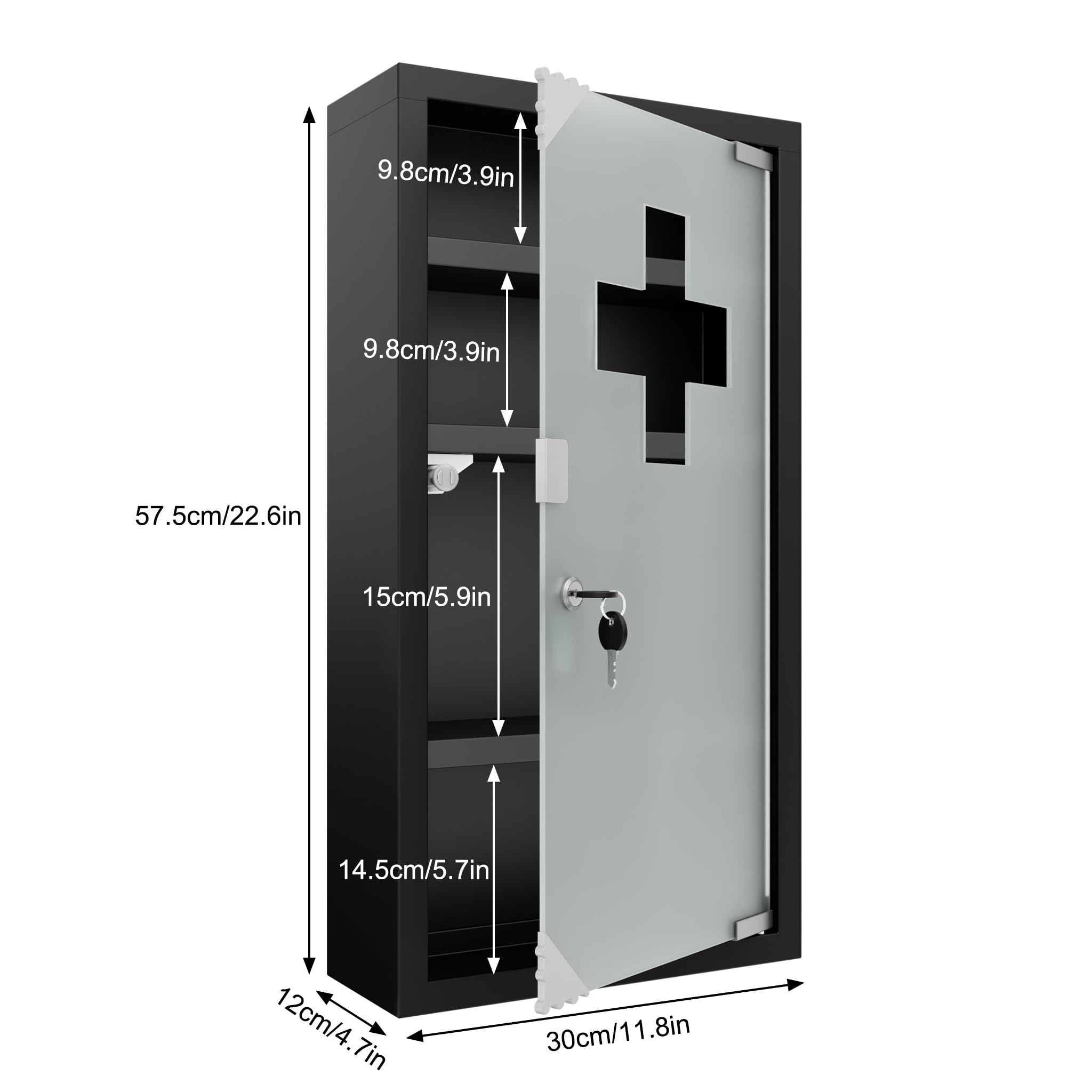 AufuN Armoire à pharmacie en acier inoxydable avec porte en verre, de nombreux compartiments pour la maison (4 compartiments, noir)