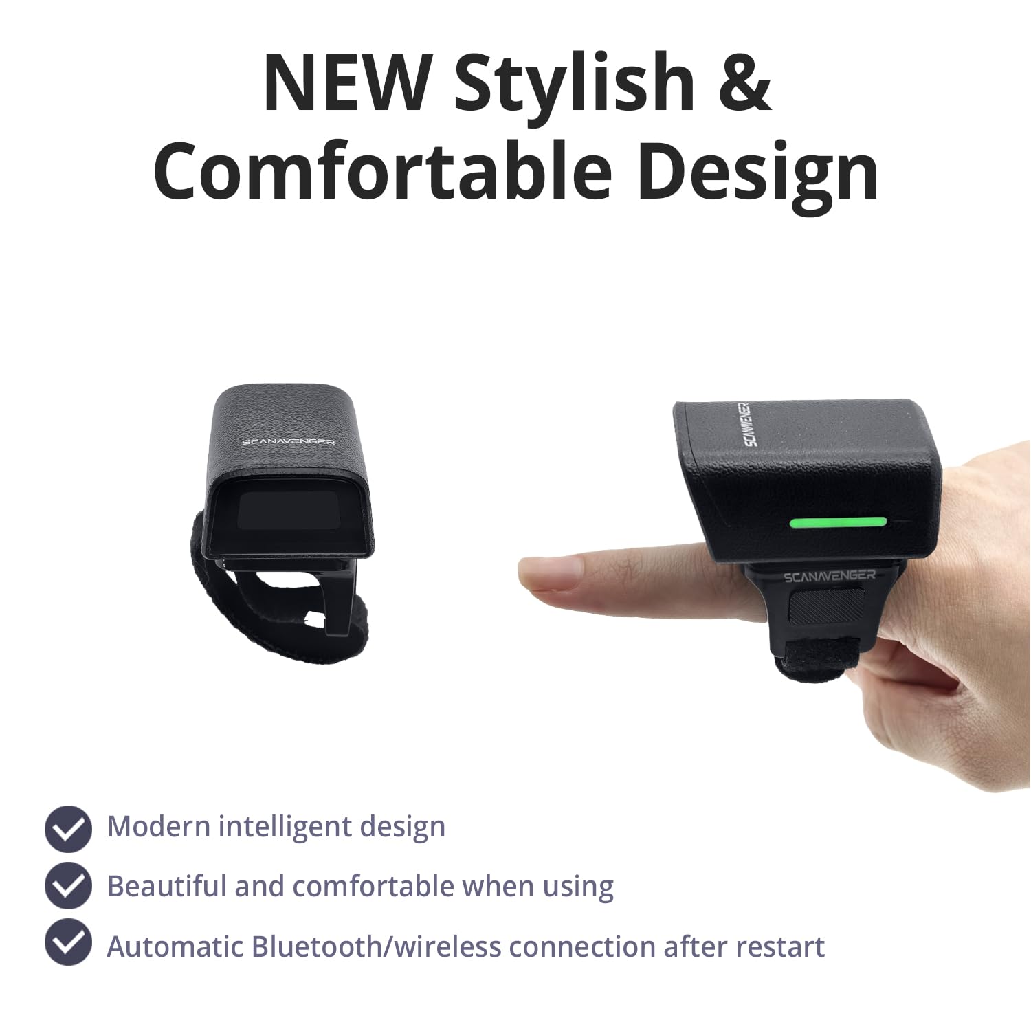 ScanAvenger Escáner de código de barras Bluetooth 1D 2D QR Ring - Mini lector de dedos inalámbrico portátil, USB y 2.4GHz, compatible con iOS, Android, Windows, para almacén, tienda e inventario
