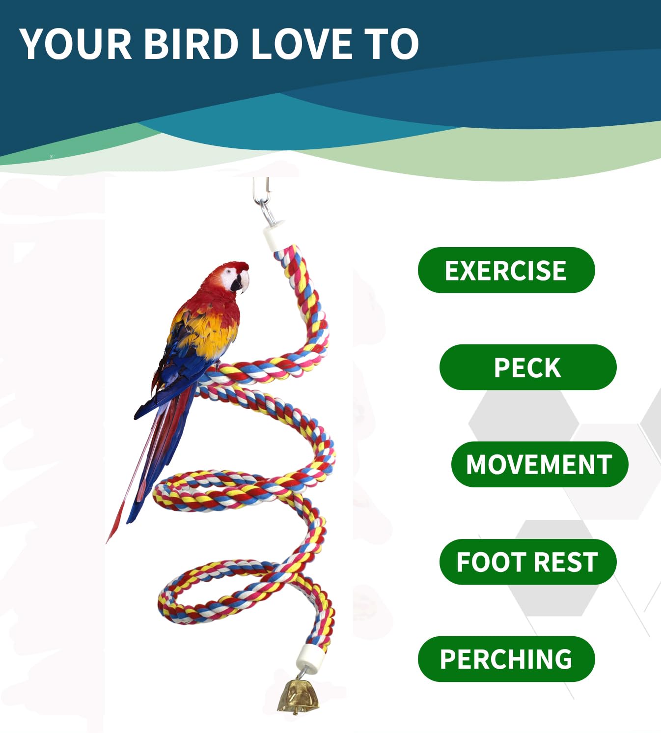 Lot de 2 cordes en spirale pour oiseaux de 200 cm avec clochette dorée - Jouets pour cage à oiseaux 100 % coton naturel - Perchoir à oiseaux - Jouets pour perroquet de taille normale à grande