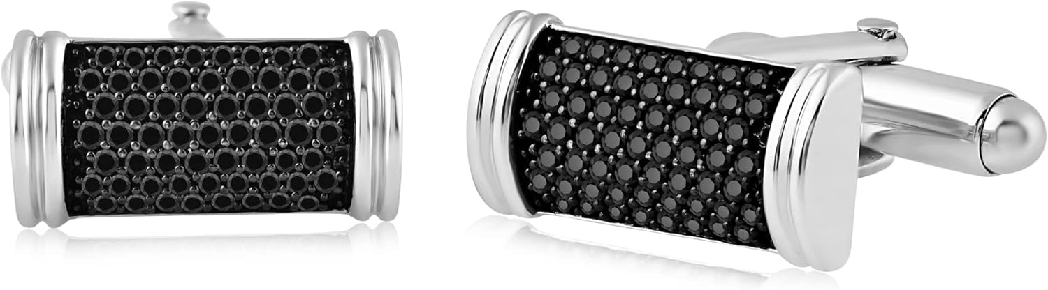 Jewelili Mens Cuff Links | Sterling Silver | 1 CTTW Treated Round Black Diamonds | Classic Formal Jewelry with Gift Box | Timeless Fashion Jewelry Gift for Him