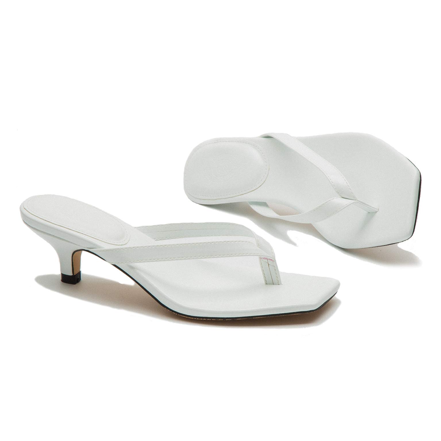 MOOMMO Thong Sandals Flip Flip Mules Kitten Heels Open Square Toe for Women Slim Matte Leather Comfortable T-Straps Slippers Heeled for Outdoor Summer Beach 4-9 M US