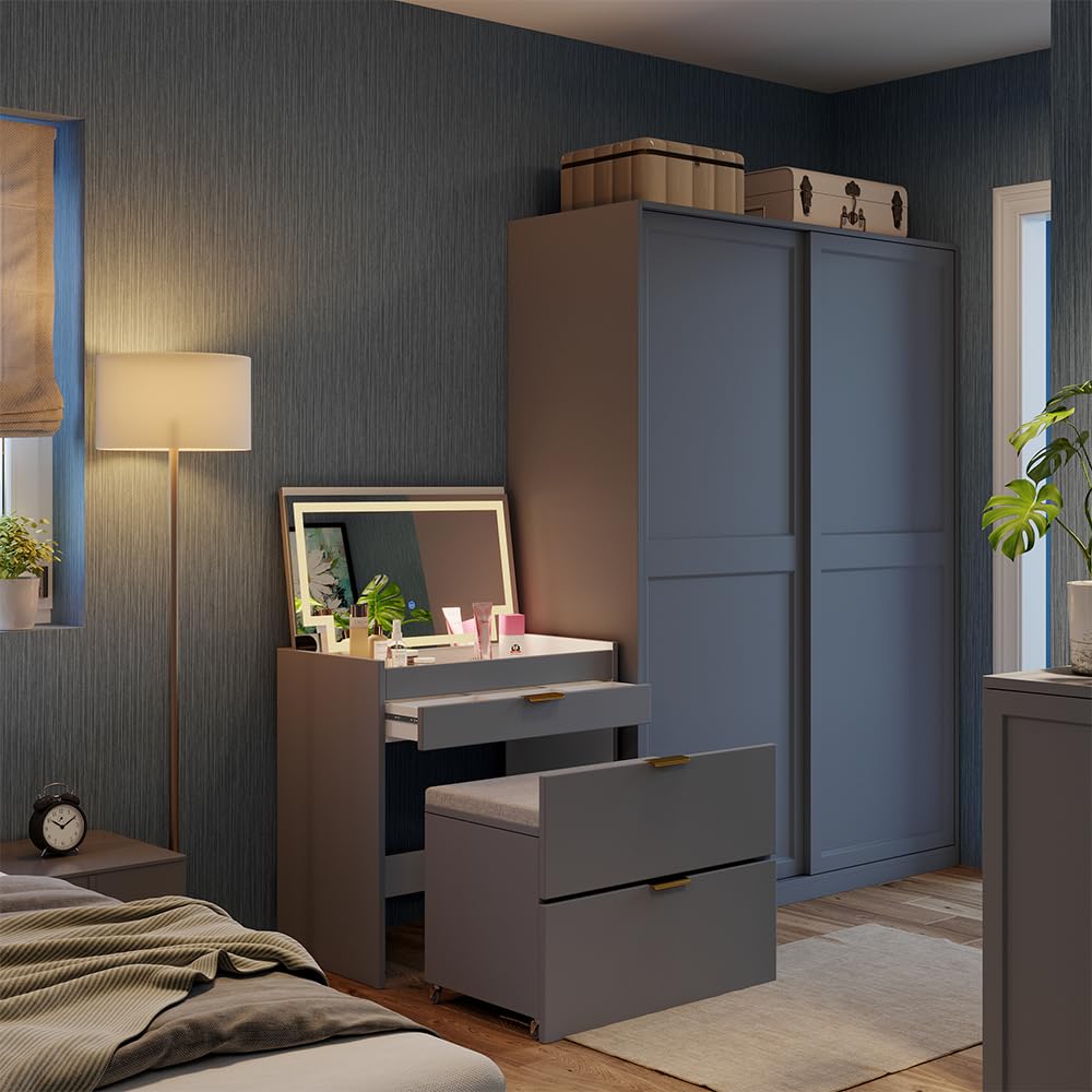 Vicco Schminkkommode Wanja, Grau, 80 cm | mit Bank und LED Spiegel, nutzbar als Schminktisch und Schreibtisch mit drehbarem Hocker