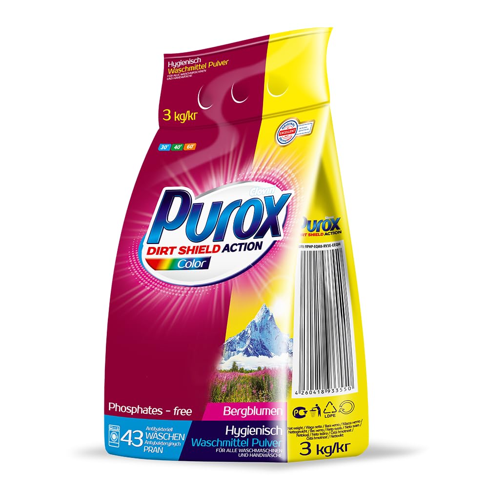 PUROX COLOR Waschpulver 43 Waschladungen 3 kg – Universelles Pulver für Bunte und Helle Textilien, Entfernt Flecken, Farbschonend, Effizient, Umweltfreundlich, Hand- und Maschinenwäsche, Kalkschutz