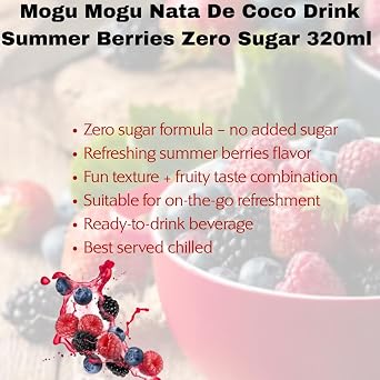 Mogu Mogu Nata De Coco Drink Summer Berries Zero Sugar 320ml (Box of 3) | Refreshing Fruit Beverage with Nata De Coco | Zero Sugar and Ready to Drink | Ideal for Parties, Lunches and On-the-Go