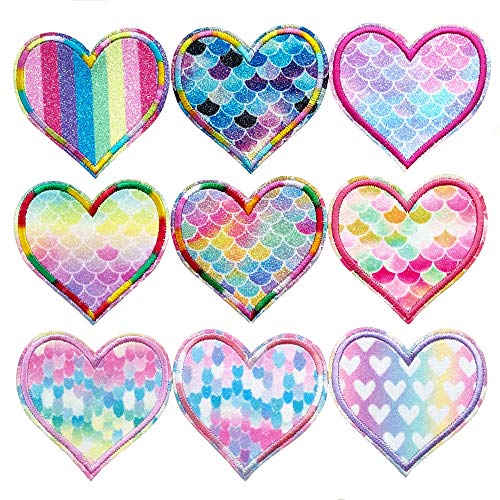 Qingxi Charm 18pcs Assorted Spark Love Heart Sewing on/Iron on Embroidered Patches Clothes Dress Hat Shoes Curtain Sewing Decorating DIY Craft Embarrassment Applique Patches (Shiny Love Heart 18pcs)