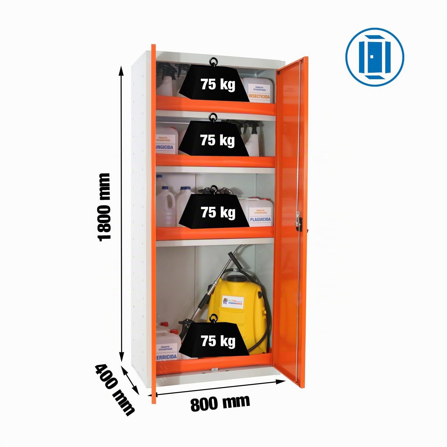 Simon Rack Amario Fitosanitario Homologado - Simonlocker | Armario Pesticidas Químicos, 1800x800x400 mm, 1800x800x400 mm, Gris/Naranja, Pintura anticorrosión