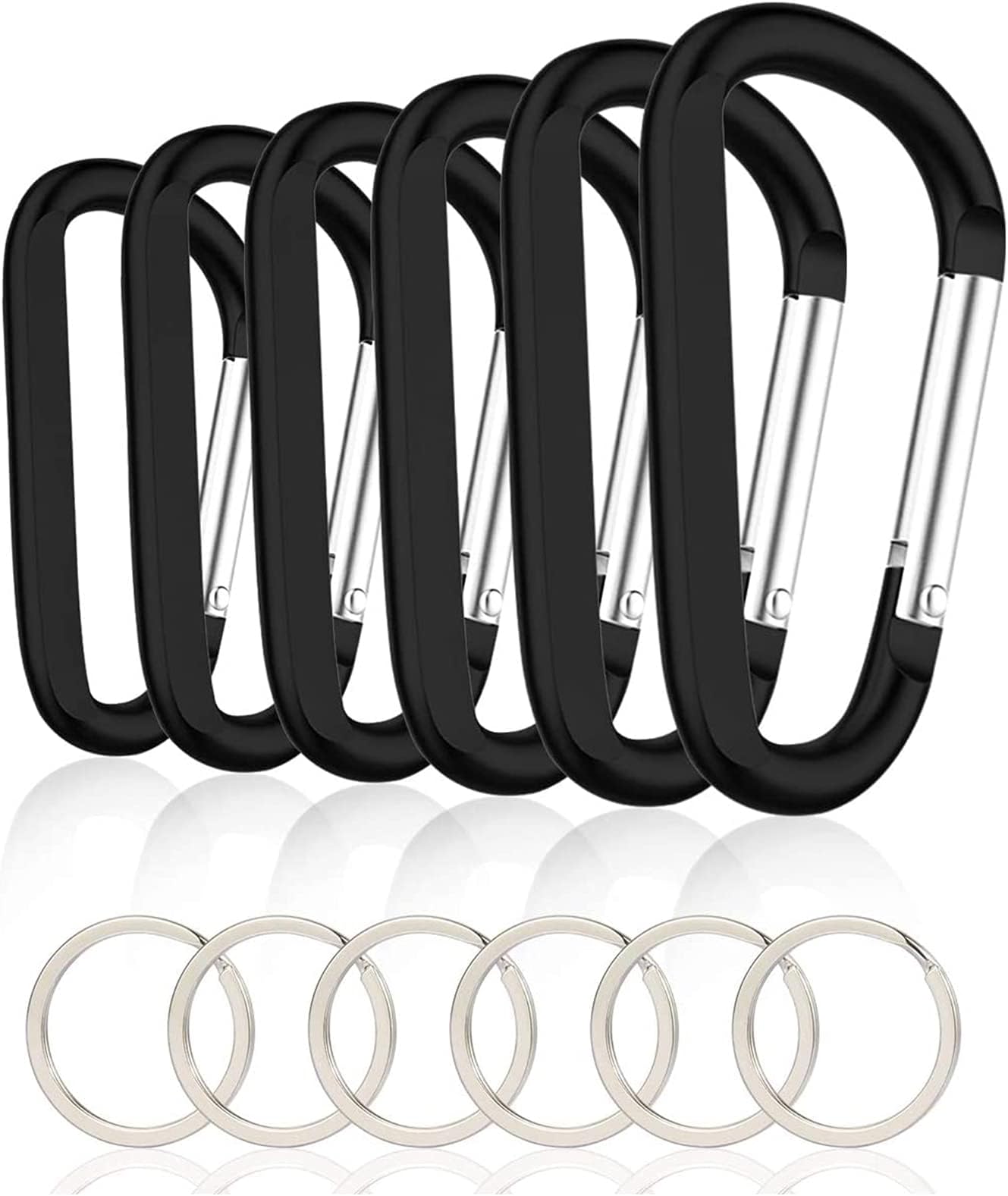 6PCS Black Carabiner Caribeaner Clip,3" Large Aluminum D Ring Shape Carabeaner with 6PCS Keyring Keychain Hook