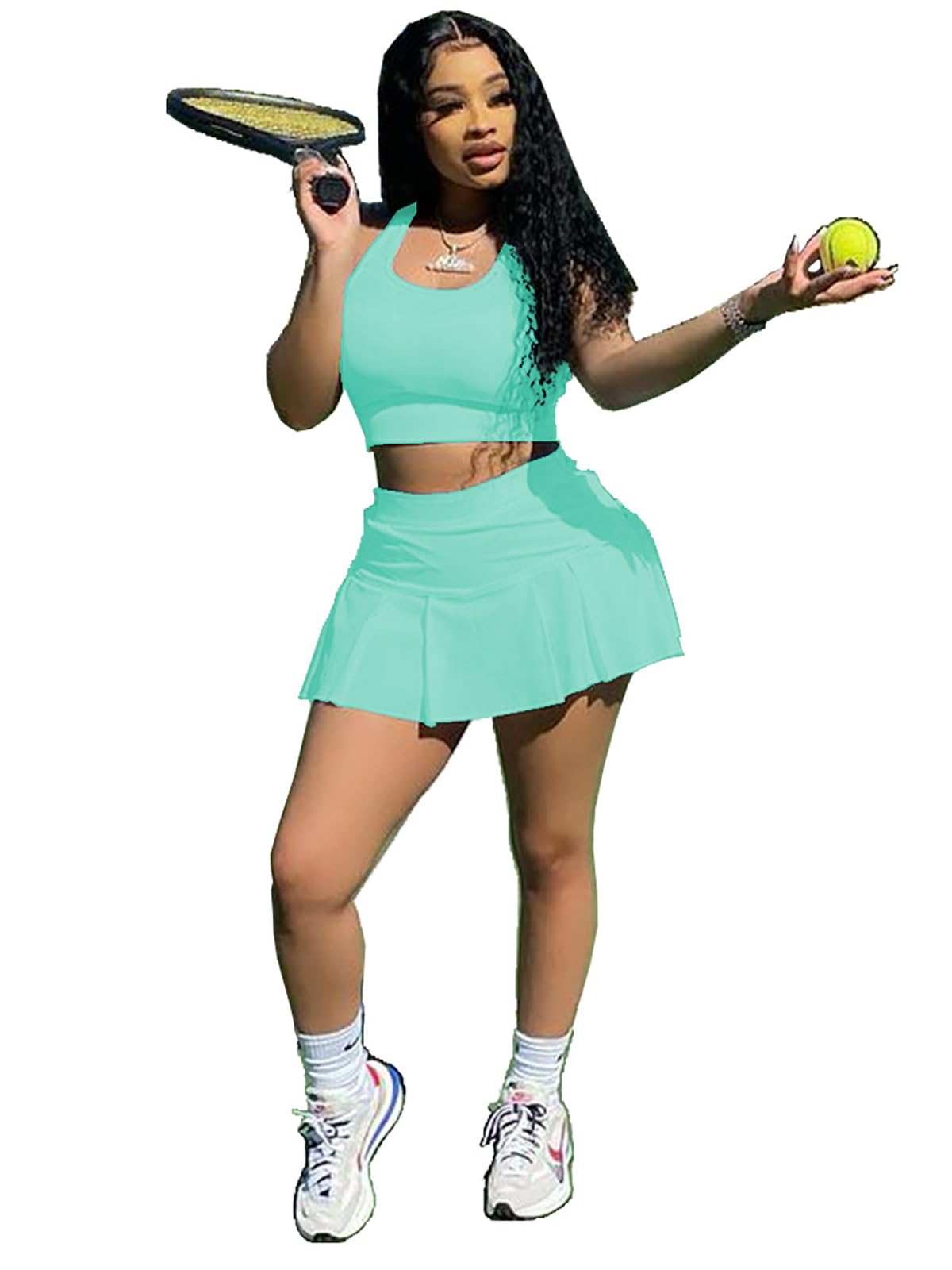 Womens Casual Sports 2 Piece Outfits Skirt Sets Athletic Tank Crop Top Mini Pleated Tennis Golf Skorts Skirts Activewear