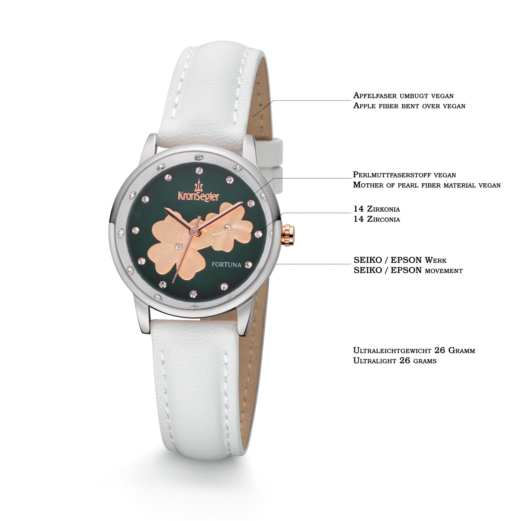 Kronsegler Fortuna Orologio da polso donna Vegan Acciaio Verde