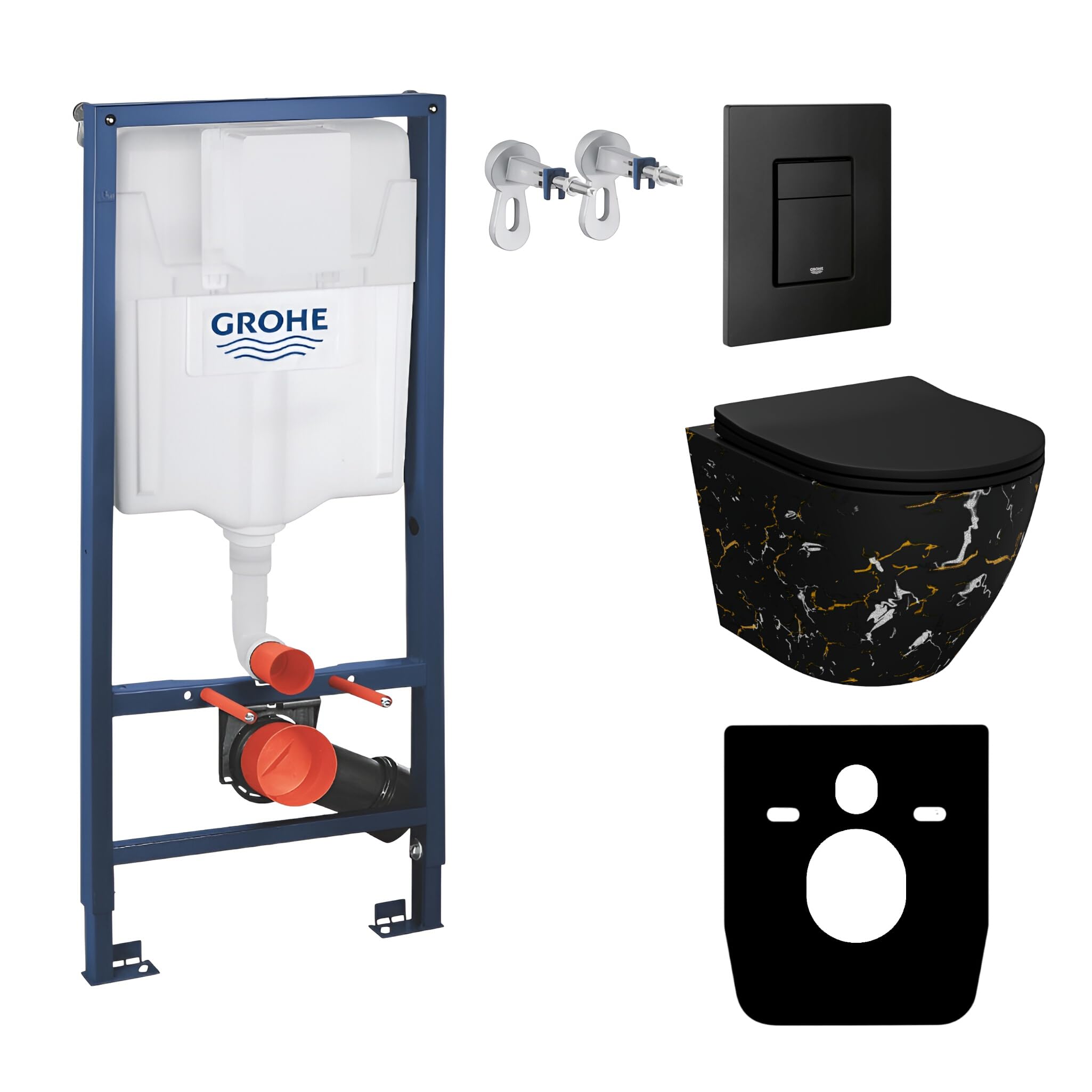 LAVITA Elemento de pared Solido + pared colgante WC Sofi Slim Fire negro sin borde + asiento de inodoro con descenso automático botón negro juego completo cisterna inodoro completo