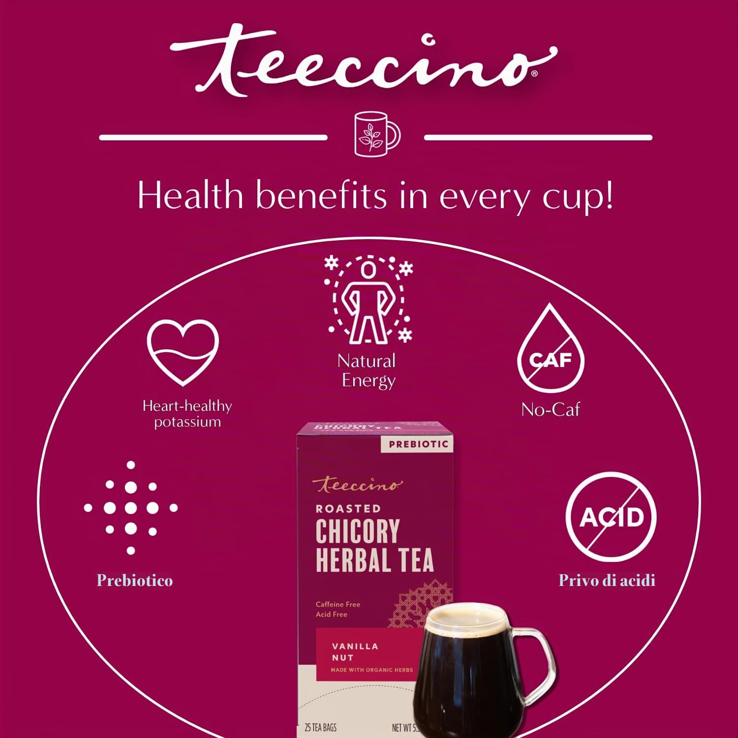 Teeccino Tisana alla Vaniglia - Tisana ricca e tostata senza caffeina e prebiotica per un'energia naturale, 25 bustine di tè