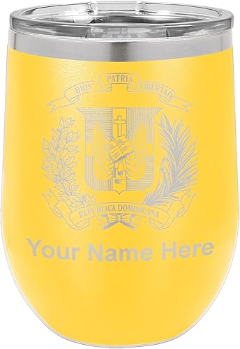 LaserGram Vaso de copa de vino de acero inoxidable de doble pared, escudo de armas República Dominicana, grabado personalizado incluido (amarillo)