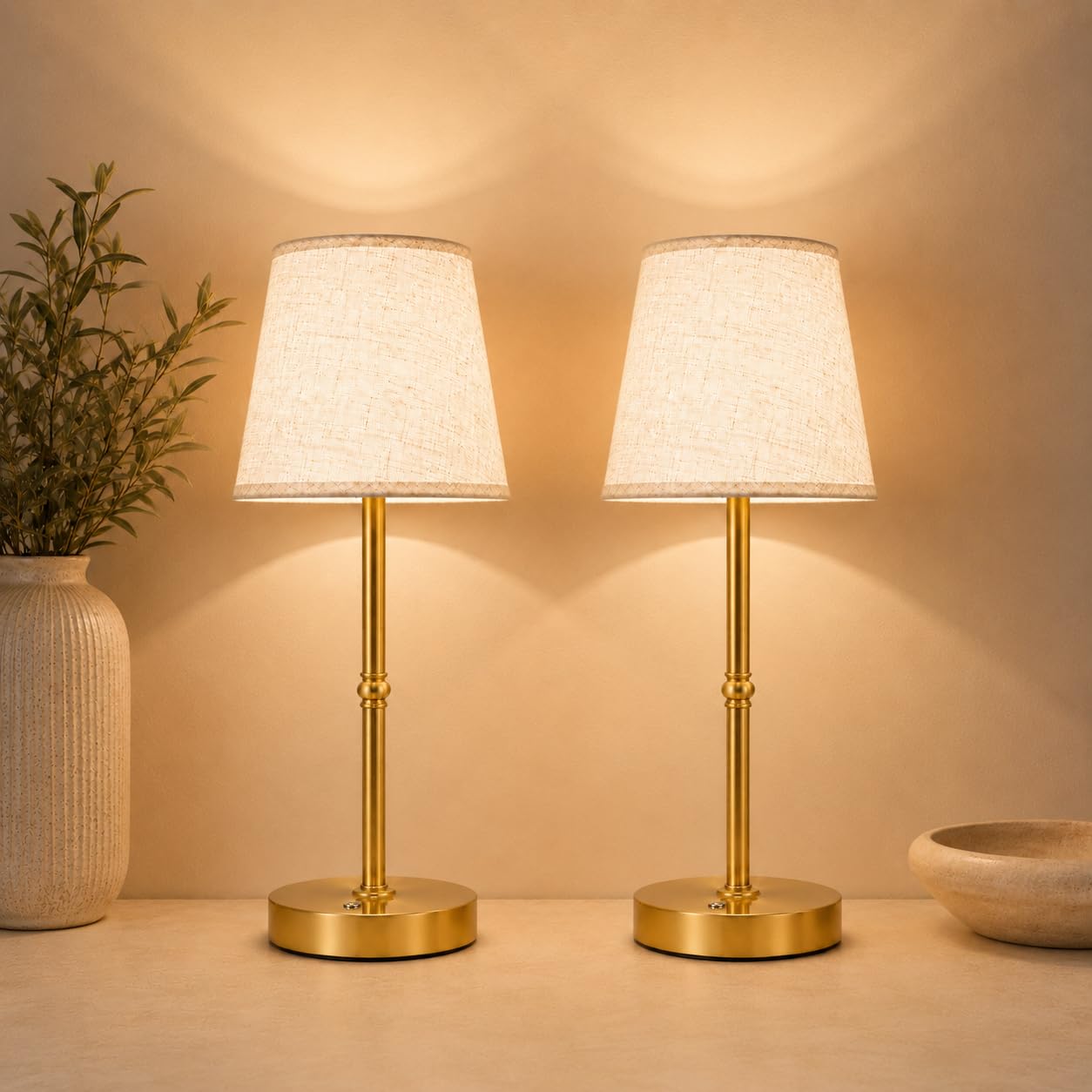 Lampe de Chevet Vintage Sans Fil, Lampe de Table Rechargeable 6000mAh USB-C, Lampe à Poser Tactile Dimmable 3000K en Tissu Doré pour Chambre, Salon, Table de Nuit, Lot de 2