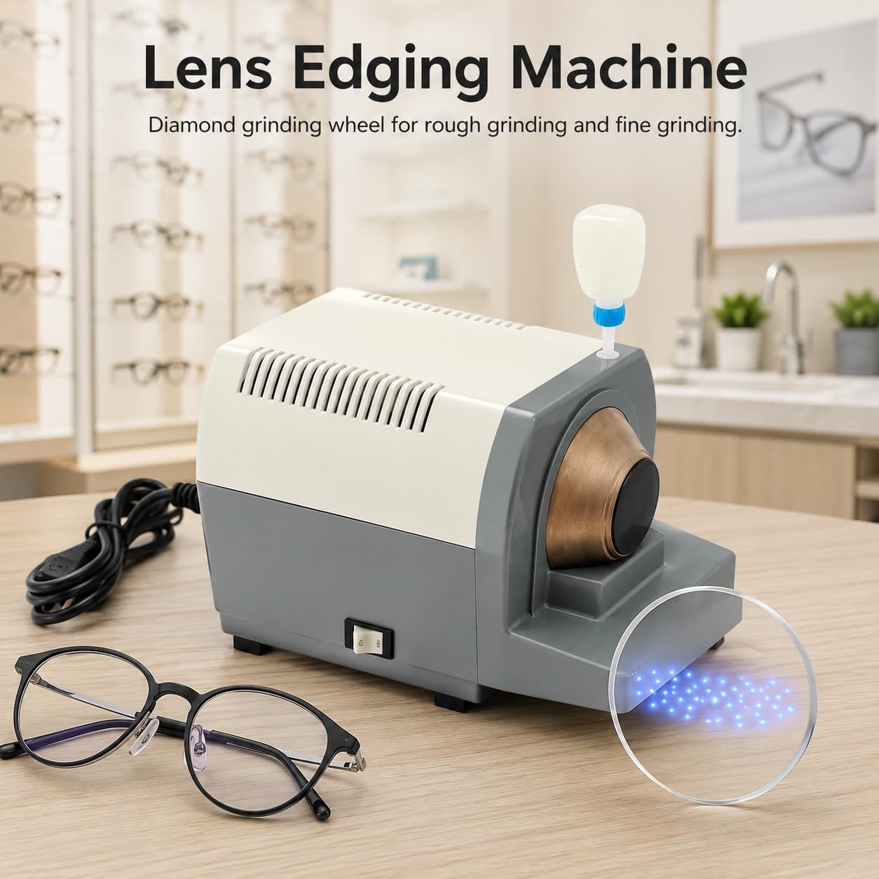 Bordeadora manual de lente óptica, pulidora de alta velocidad con rueda de diamante de 35 mm y refrigeración por agua ajustable para lentes de vidrio y resina