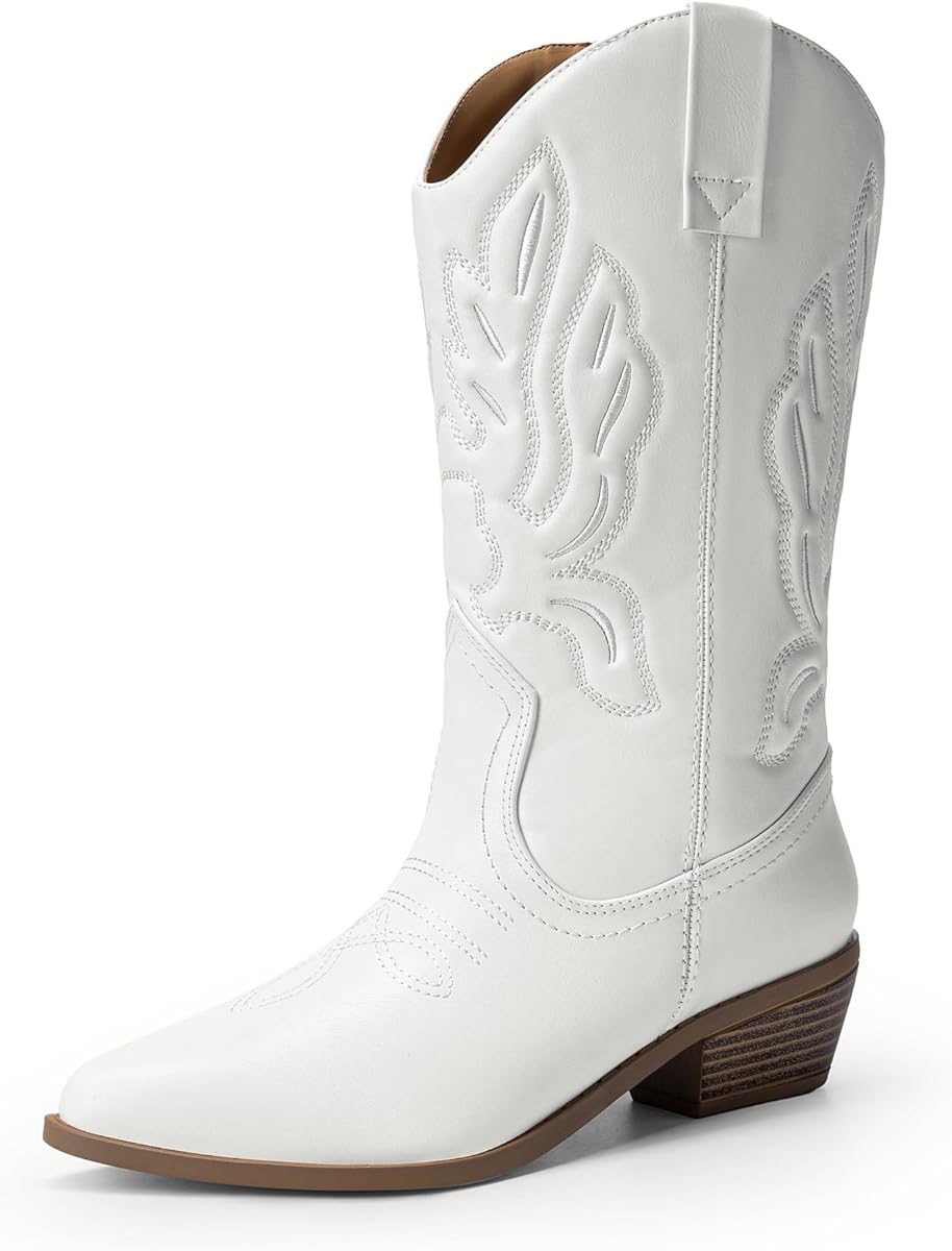 Amazon.com | DREAM PAIRS Women's Cowboy Boots Mid Calf Cowgirl Boots Embroidery Stitched Western Boots,Size 7.5,White-Pu,DWUMMB2419 | Mid-Calf
