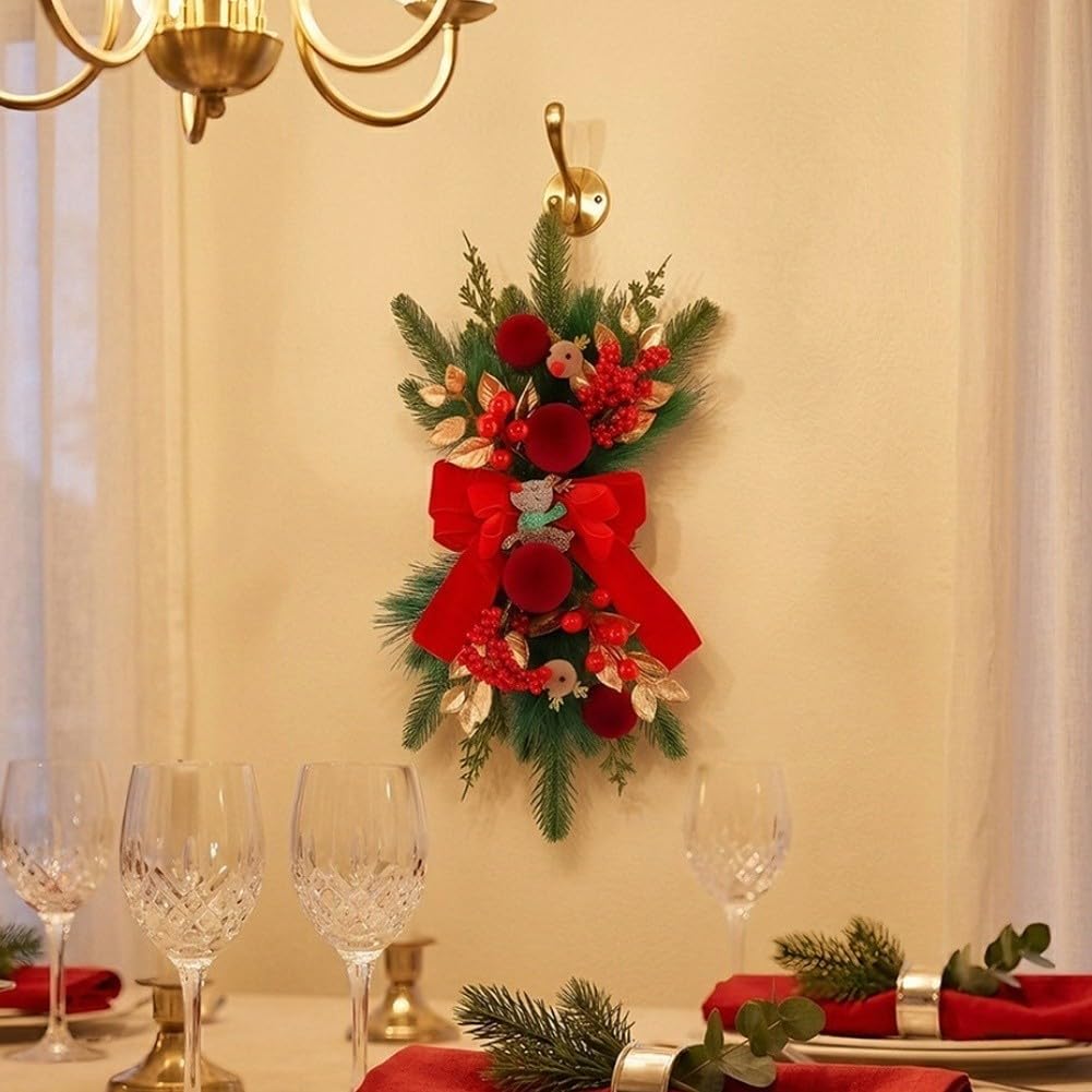 Guirnalda de lágrima de Navidad de 46 cm con lazo rojo y piña (B)