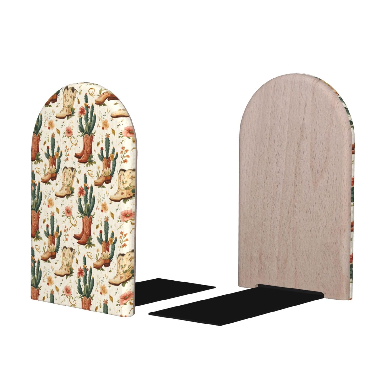 Cactus Cowboy Boots A Print BookEnds 1 Pair, Decorative Bookends for Heavy Books, Wood Book Ends for Shelves, Book Organizer for Home Desk Office Supplies