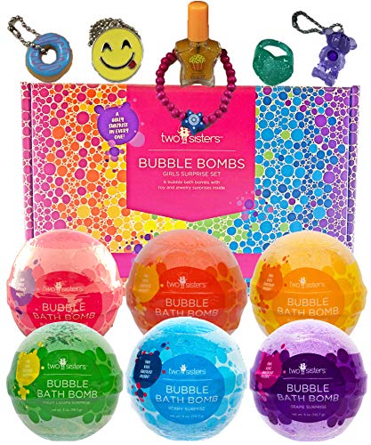 Bubble Bath Bombs for Girls with Surprise Toys and Kids Jewelry Inside by Two Sisters Spa. 6 Large 99% Natural Fizzies in Gift Box. Moisturizes Dry Sensitive Skin. Releases Color, Scent, and Bubbles.