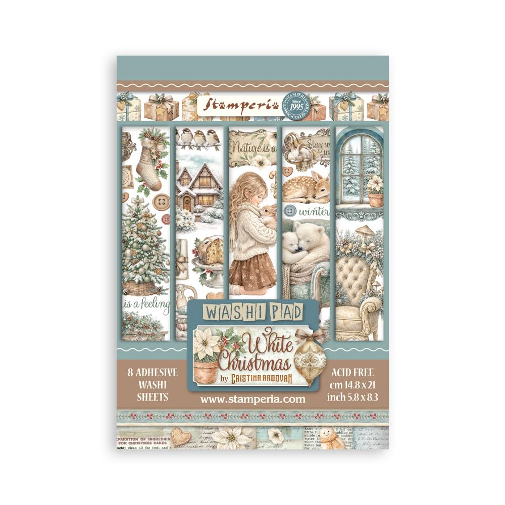 Stamperia - Washi Pad for Scrapbooks, Albums, Cards, Bullet Journals and More, Translucent and Easy to Cut, Acid Free, Perfect for Hobbies, Crafts and Gifting (White Christmas) (A5) (8 Sheets)