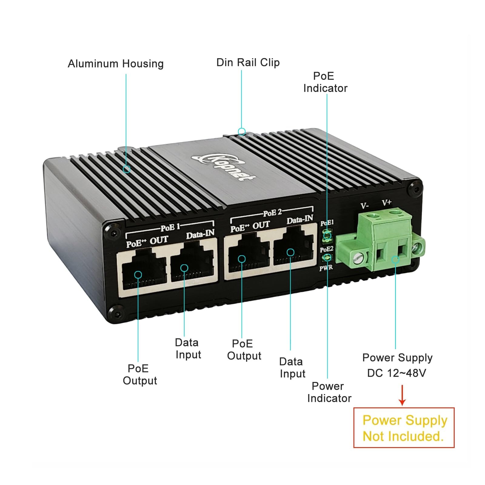 Iniettore industriale PoE 2ch Gigabit 90W PoE++ Iniettore IEEE 802.3bt POE Plus Adattatore indurito 2 porte 48V POE Midspan Power Over Ethernet con 12-56V DC 24 ~ 48V AC Input DIN Rail Mount