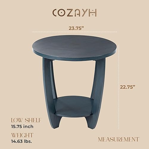 Miniatura 3 de COZAYH Mesa auxiliar rústica de granja con estante de almacenamiento, mesa lateral redonda moderna de estilo campestre francés para espacios