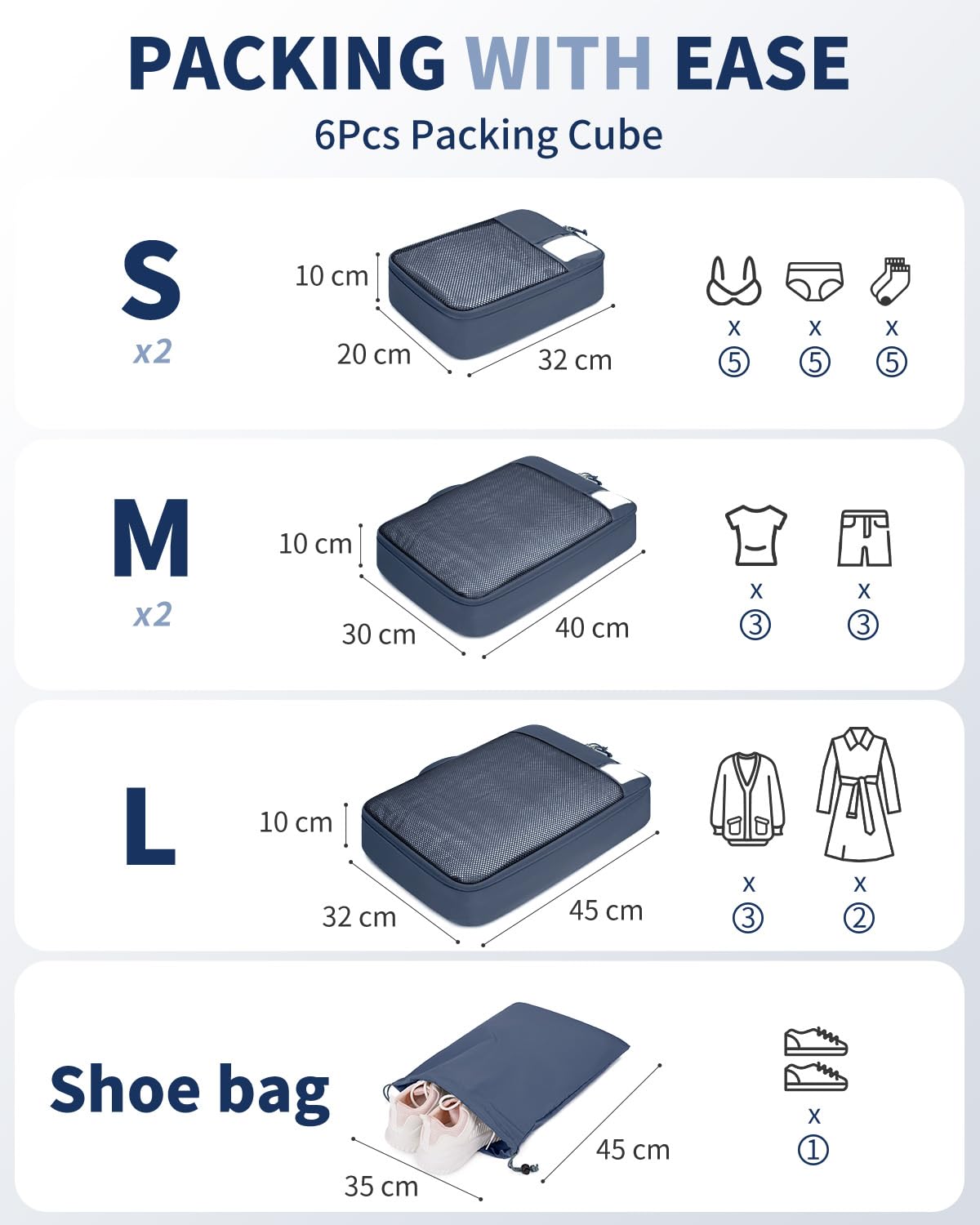 ECOHUB Zestaw Organizerów do Walizki 6 szt., Kostki do Pakowania z Etykietą ID, Ekologiczne Packing Cubes, Lekkie Torby Podróżne do Plecaka, System Porządkowania Bagażu(Ciemnoniebieski)