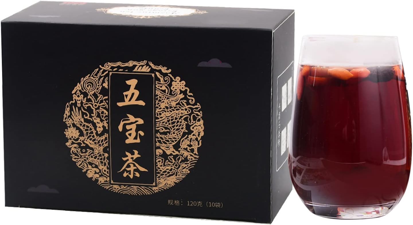 Ginseng Five Treasures Tea, 120g 4.2oz (12g x 10 Bags) Polygonatum Wolfberry Dried Jujube Mulberry Maca Combination Herbal Tea Bags