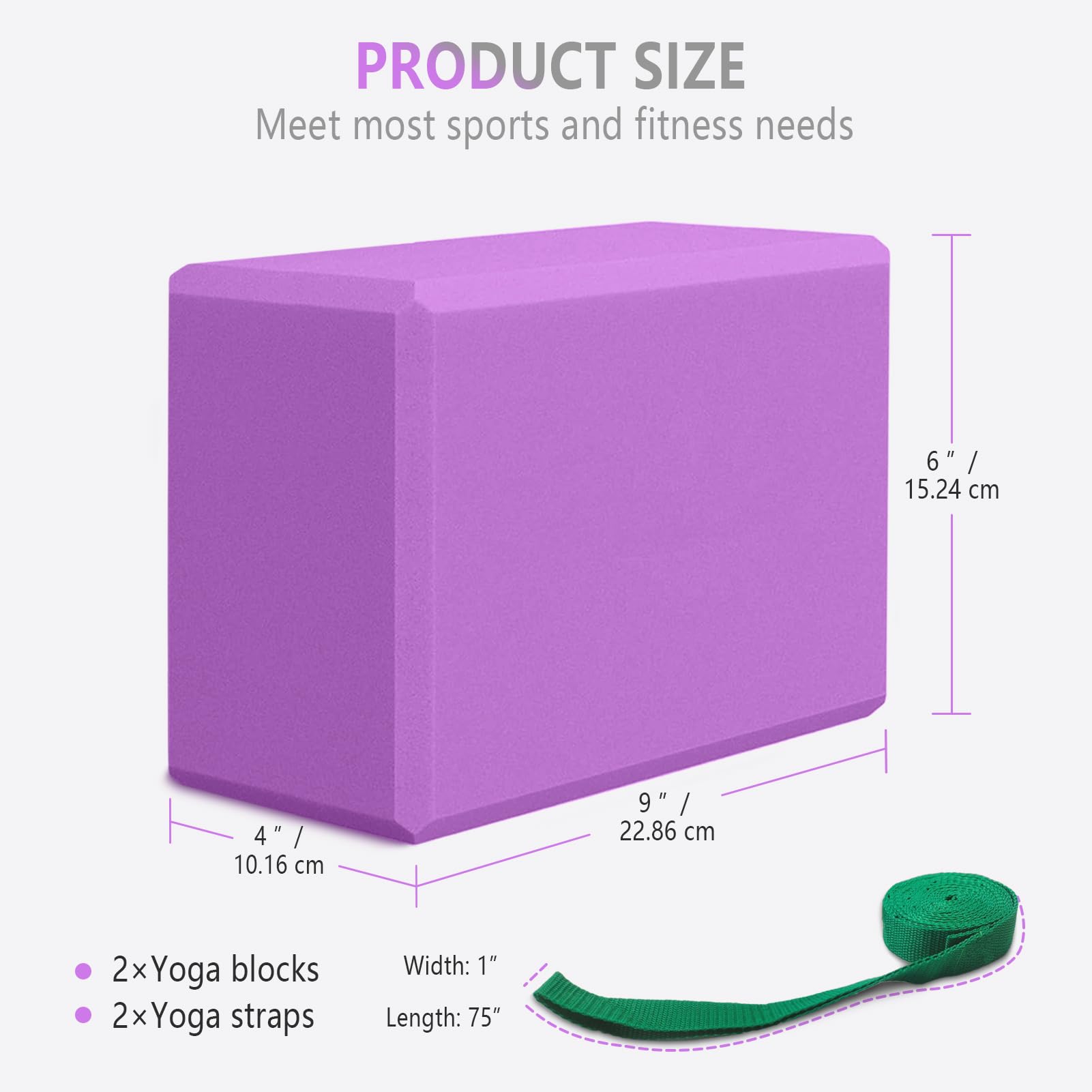Set di 2 blocchi per yoga e cinghie da yoga, morbidi e antiscivolo, 22,7 x 10,2 x 10,2 cm, 10 anelli per yoga, meditazione, equilibrio, pilates, stretching e posizioni profonde (viola)