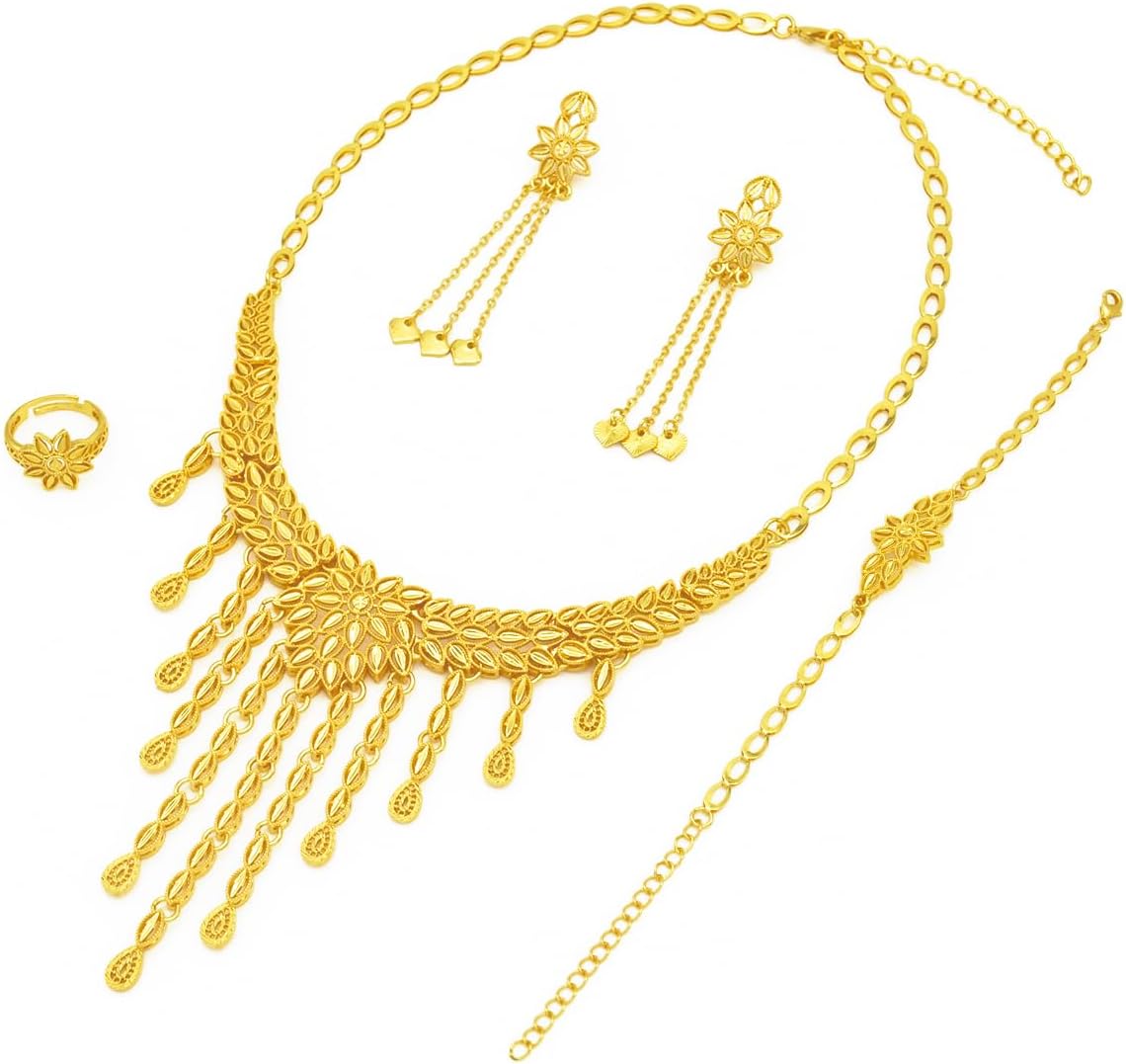 Tassel Indian Jewelry Sets For Women Ethiopian Gold Plated Dubai Bridal Necklace And Earring 4Pcs Set
