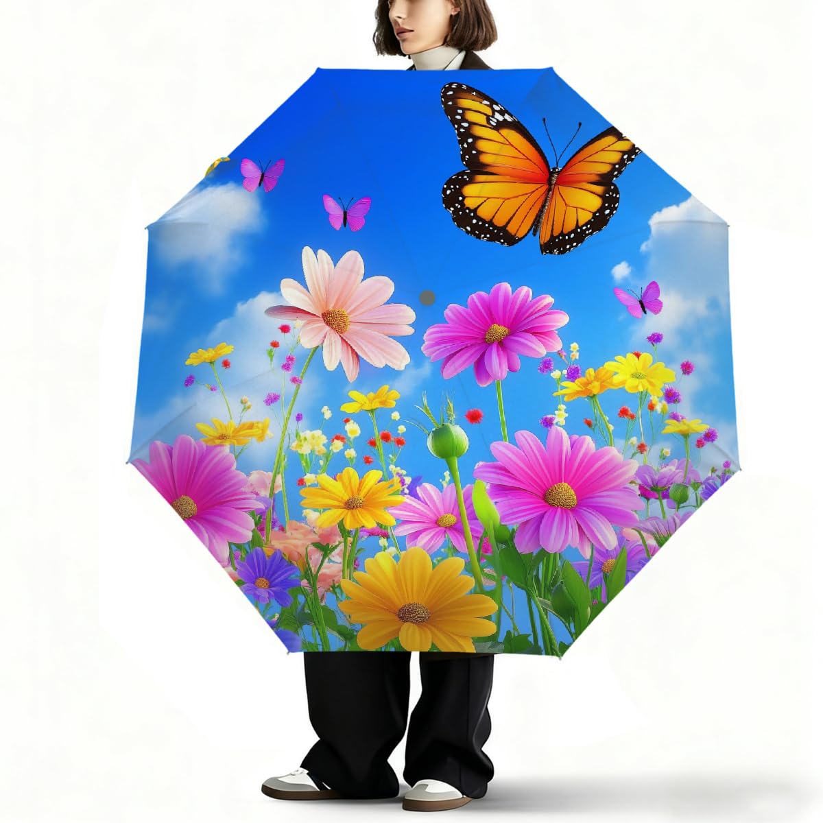 Ombrello pieghevole con fiori colorati, ombrello da viaggio, compatto, antivento, impermeabile, con protezione UV, rivestimento nero, leggero, 8 costine, portatile, per pioggia e sole