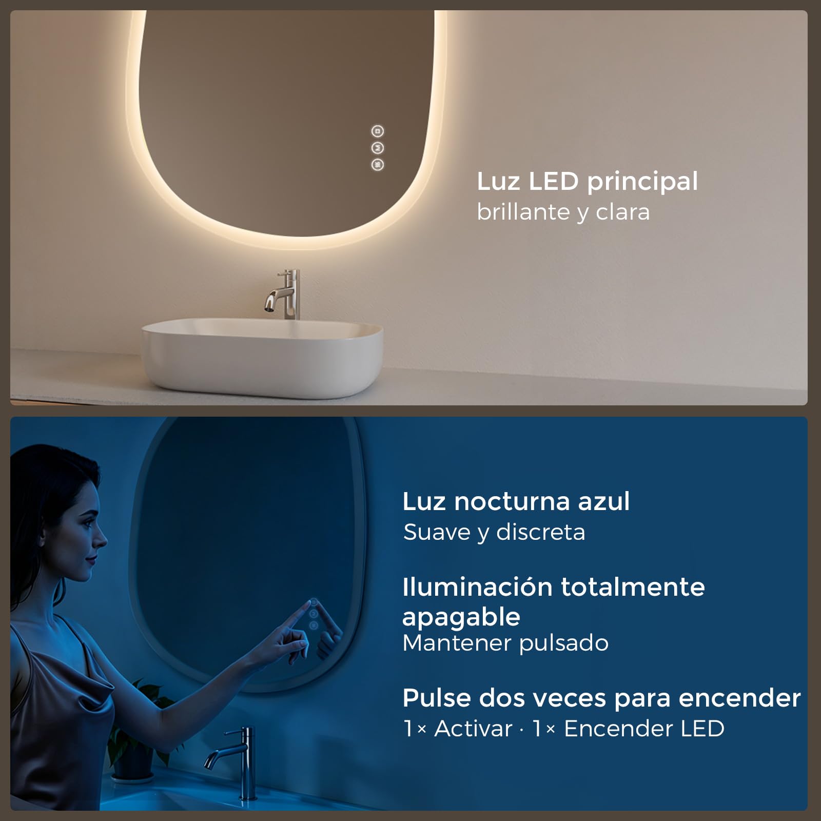 Espejo Baño LED 70 x 90 cm, Asimétrico,Sin Marco,Retroiluminado