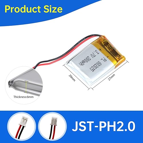 Miniatura 3 de 602025 3.7V Lipo Battery 200mAh 602025 Batería recargable de polímero de litio con conector JST PH2.0.000 in para dispositivo electrónico