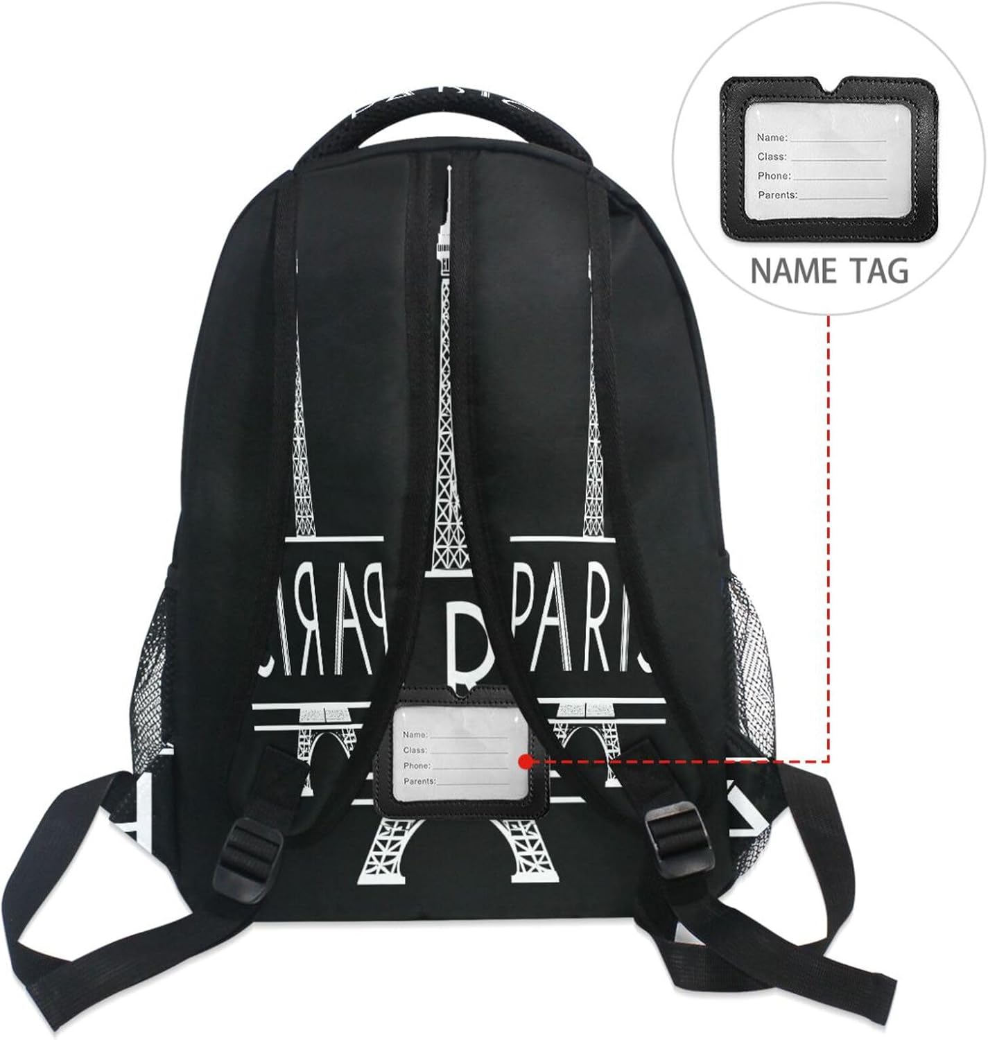 Paris Eiffel Tower Black Backpack for School Boys Girls Adults Kids Bookbag Laptop Bag 15L