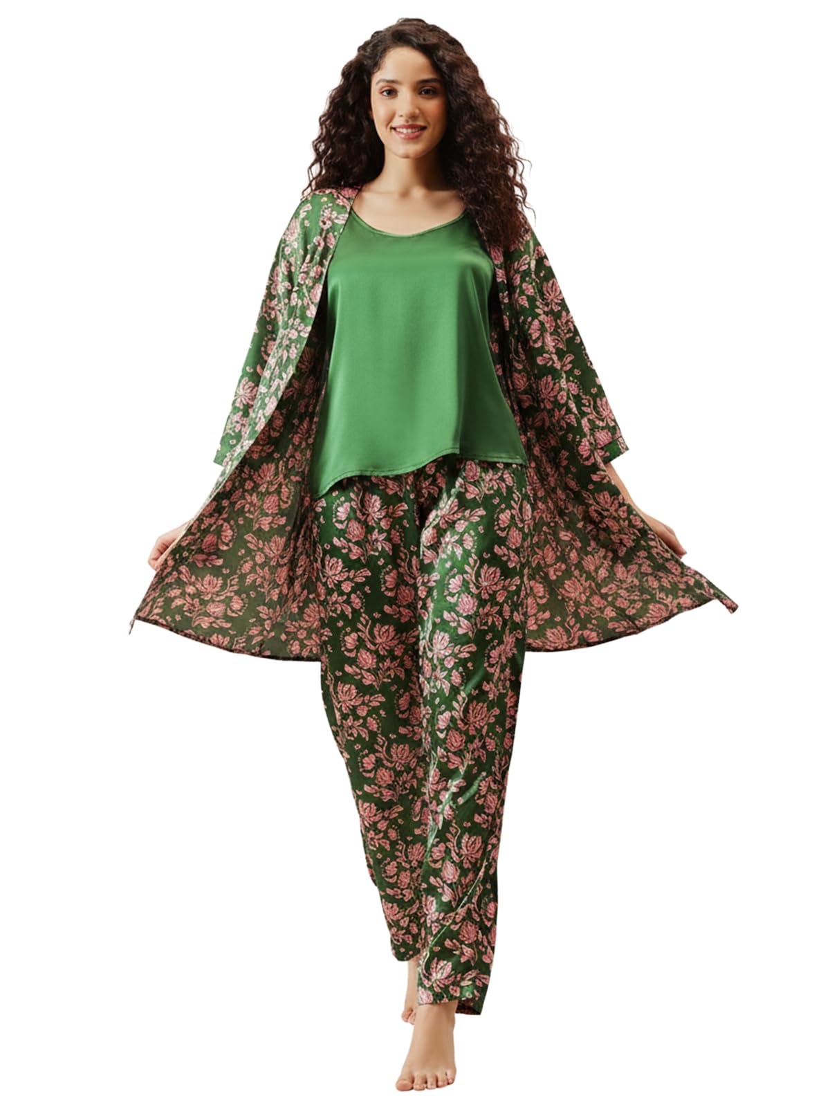clovia Women's Satin 3 Pc Set -Cami Top, Pyjama & Robe in Green-picture-10
