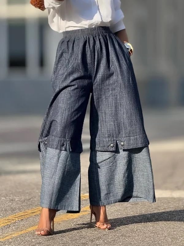 oshoplive Wide Leg Pants for Women Cotton Elastic High Waisted Patchwork Palazzo Trousers with Pockets Loose Fit Baggy Pant2
