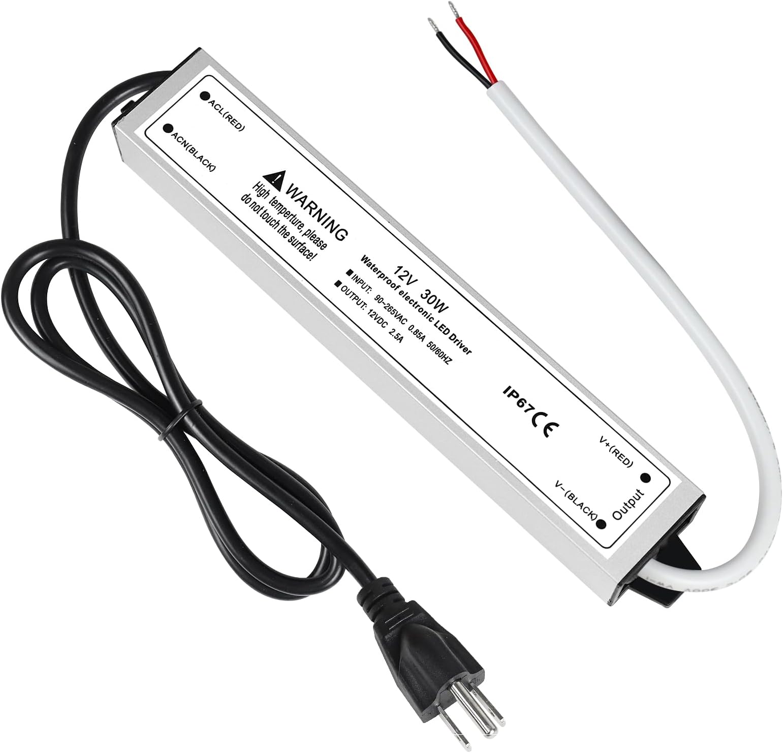 LightingWill LED Driver 30 Watts Waterproof IP67 Power Supply Transformer, 90-265V AC to 12V DC Low Voltage Output, Adapter with 3-Prong Plug 3.3 Feet Cable for Outdoor Use, Computer Project