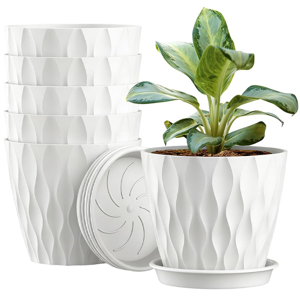KUWUNG 10.2cm 6pcs Plant Pots Indoor, Plastic Flower Pots with Drainage Holes and Saucers, Plastic Plant Pots for Succulent and All House Plants Outdoor Indoor (White 10.1×9cm)