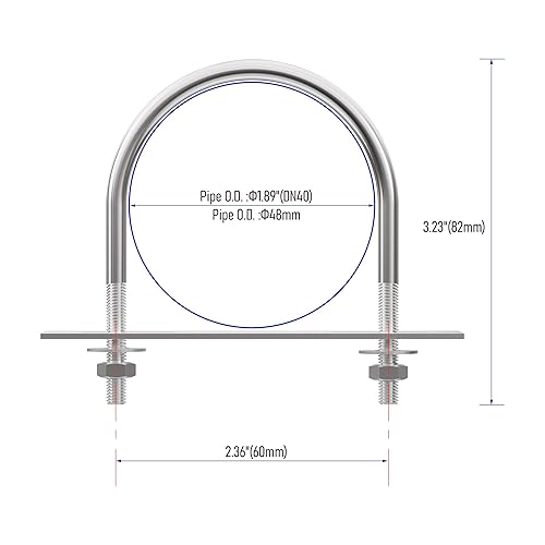 Miniatura 2 de FOCMKEAS Pernos en U redondos de acero inoxidable 304 de 1.89 pulgadas (1.890 in) de ancho interior 3.23 pulgadas de longitud M10 con tuercas, placa