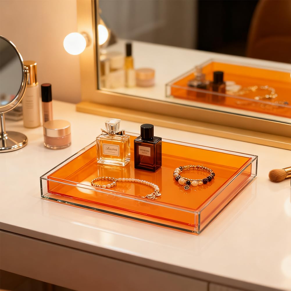 Vassoio creativo in acrilico moderno vassoio decorativo per gioielli, profumo, trucco, organizer quadrato trasparente per bagno, vanità, servire, tavolino da caffè, soggiorno (arancione)