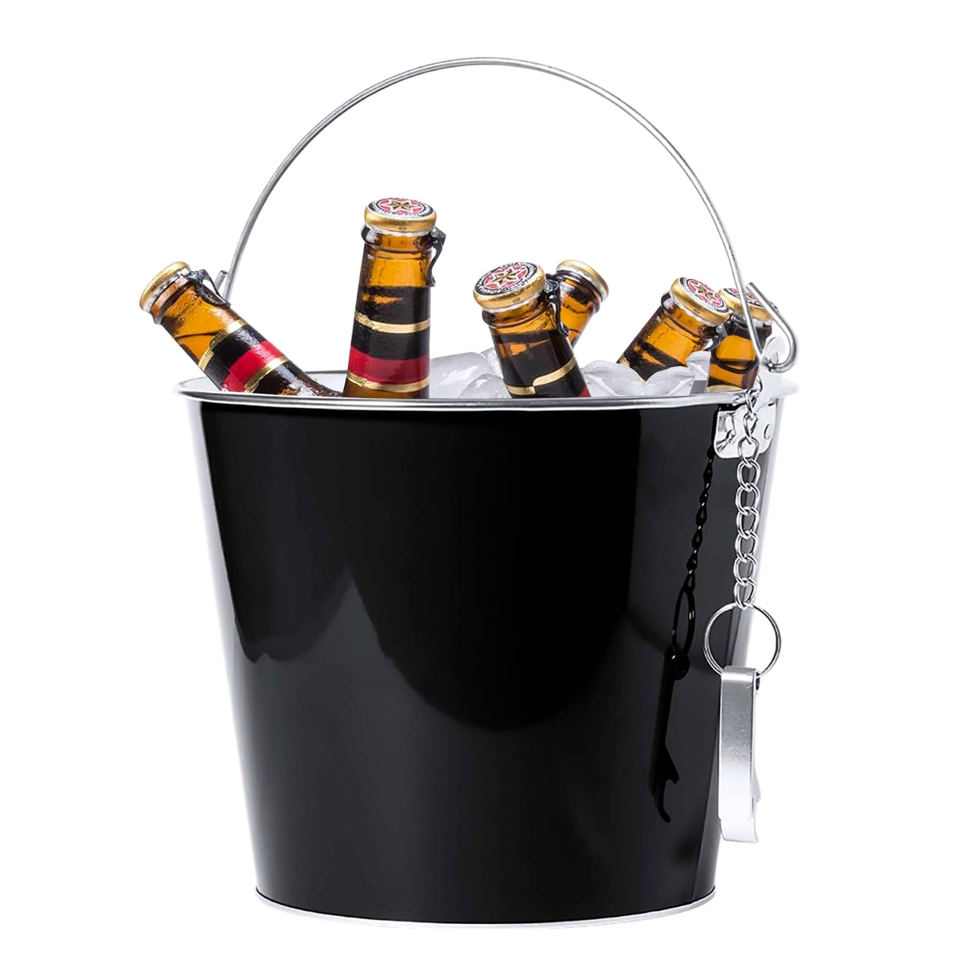 Cubo para Cervezas Metal con Abridor Enfriar Bebidas con Asa para fiestas bares y restaurantes (1, Metal Negro)