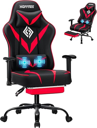 HOFFREE Silla de masaje para juegos con cojín de resorte de bolsillo, silla reclinable de 155 para computadora con reposapiés y reposabrazos