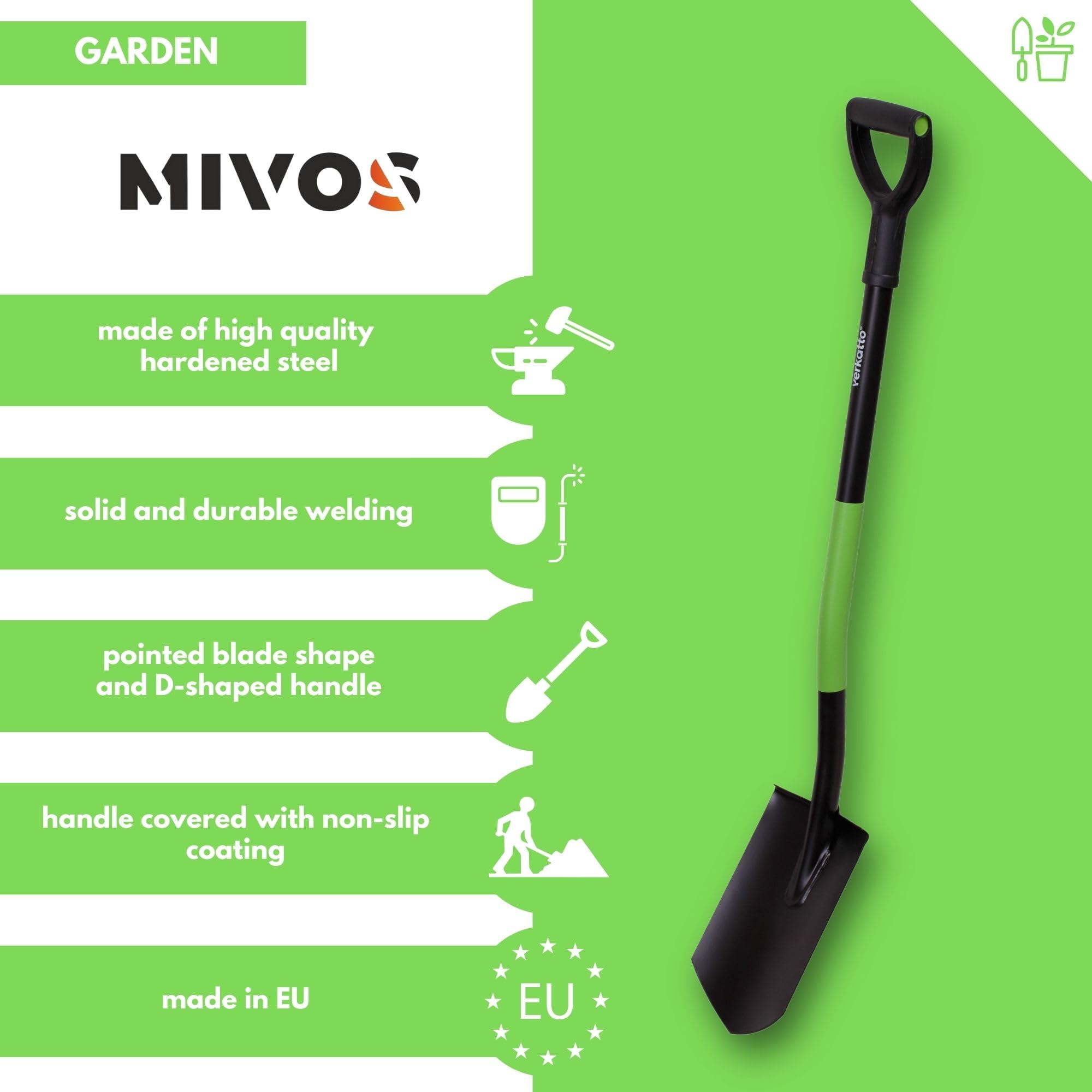 Mivos Piccola paletta a punta – mini vanga a punta per lavori di giardinaggio e costruzione – vanga corta – vanga pionieristica