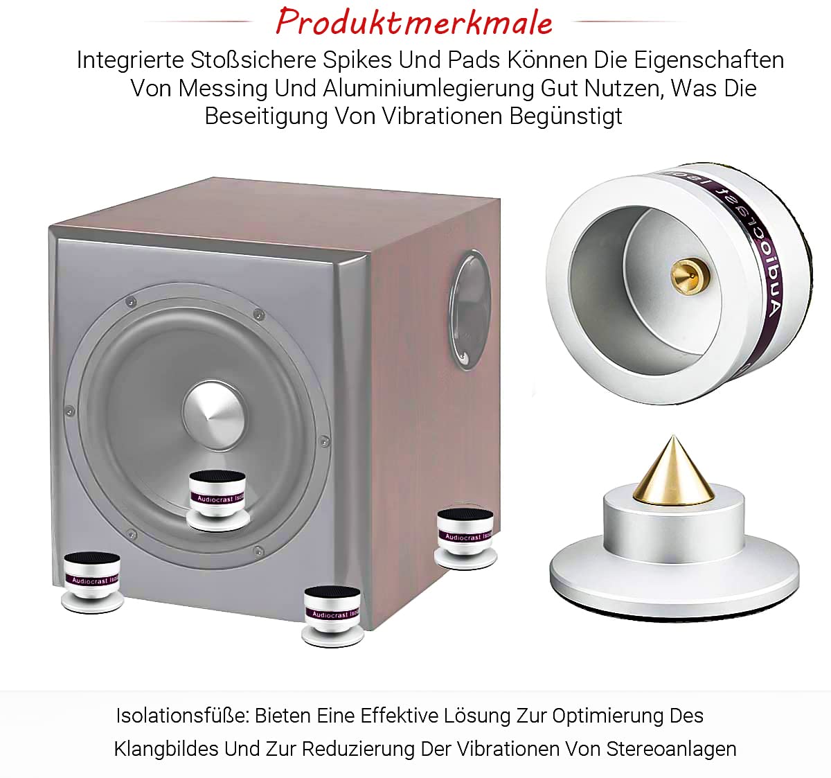Tertullus Zestaw 4 kolców z regulacją wysokości subwoofera, zestaw z podstawką i nóżką, nóżki HiFi, do głośników, subwoofera, nośność 50 kg
