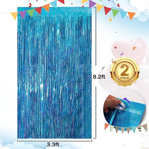 Image of 2Pack 3.3x8.3Ft Blue Foil Fringe Streamers Curtain Metallic Foil Tinsel Fringe Door Streamers for Birthday Wedding Xmas Party Photo Iridescent Blue Streamers Ocean Summer Party Decors Streamers