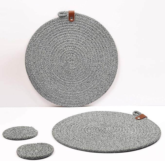 Image of Cotton Rope Placemat Set with Coasters and Holder 6 Pieces Round Woven Table | Mats Natural Beige Heat Resistant | Dining Table Decor | Durable Washable Kitchen Accessories (Gry Mix White)