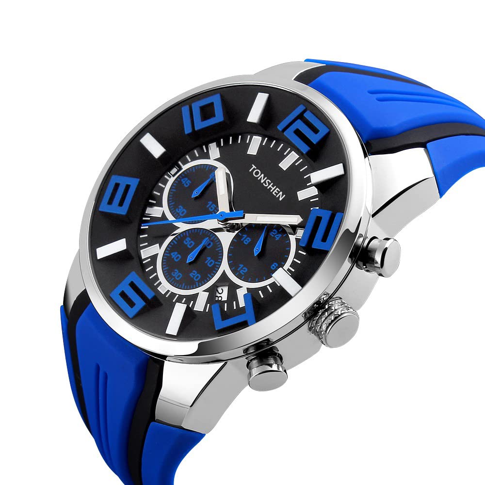 TONSHEN Hommes Montre Bracelet Acier Inoxydable Sport Mode Classique Analogique Montres Hommes Grand Numérique Affichage Doux Caoutchouc Bande Double Temps Robe Montre Sub Dial Chronomètre