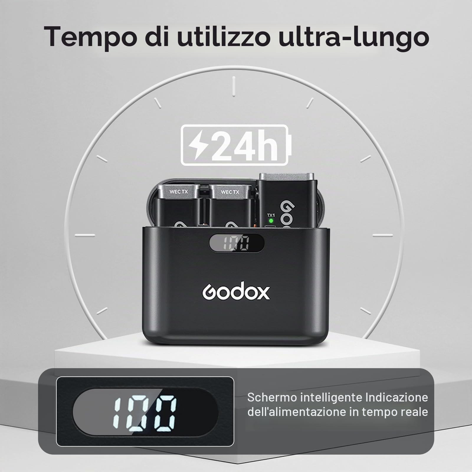 GODOX WEC kit2 Microfono lavalier wireless 2.4G a doppio canale,Durata batteria 8 ore, portata 200 m, cancellazione del rumore con custodia di ricarica per fotocamere, smartphone, PC, TikTok, YouTube