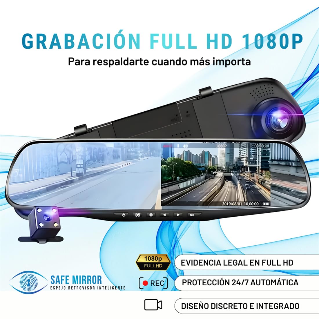 Espejo Retrovisor con Doble Cámara 1080P HD, Visión Nocturna, Grabación Automática Delantera y Trasera, Fácil Instalación Universal para Coche