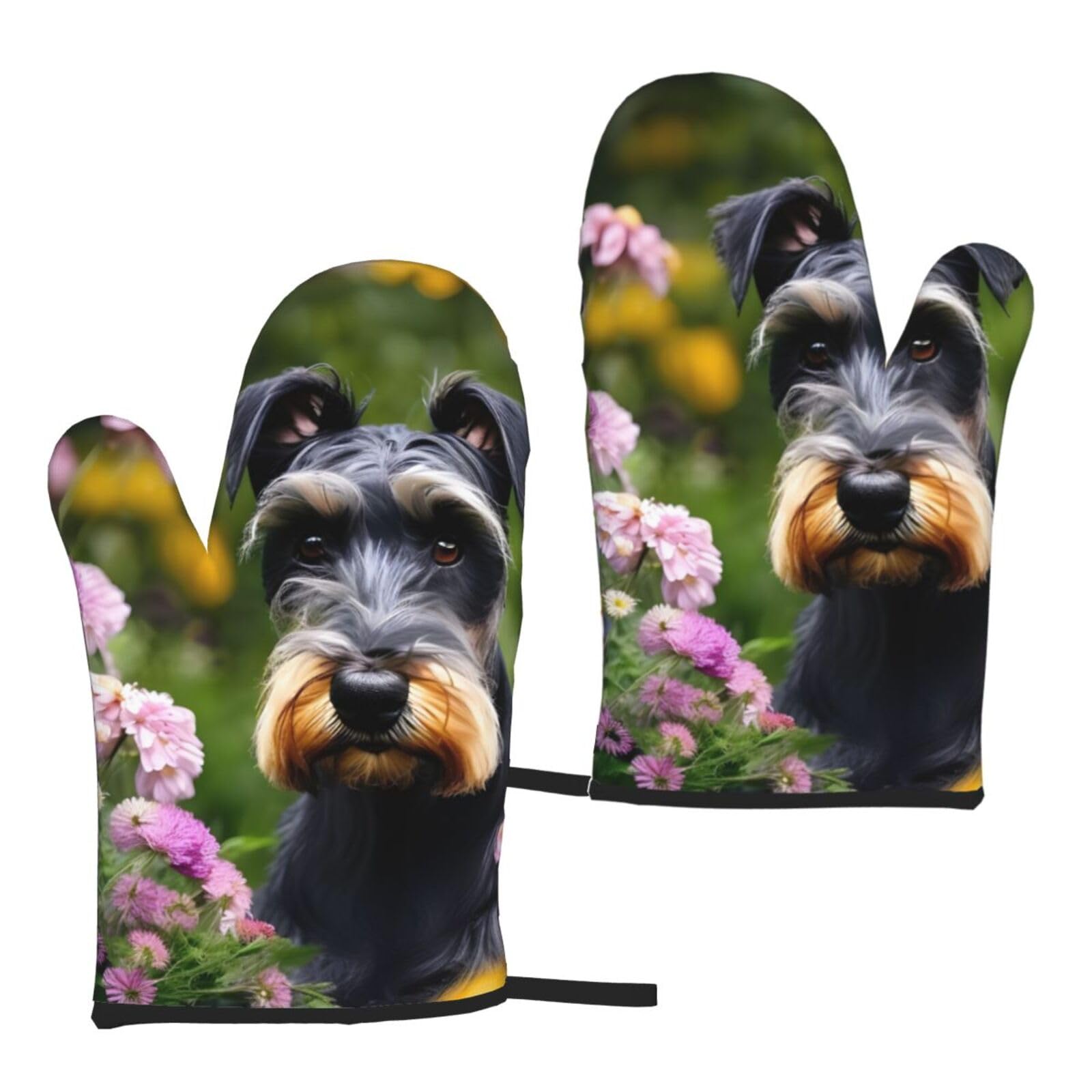 Nimongt Women's Black Schnauzer Print Adults Universal Fit Heat Resistant Oven Gloves Reusable Cooking Outdoor Grilling