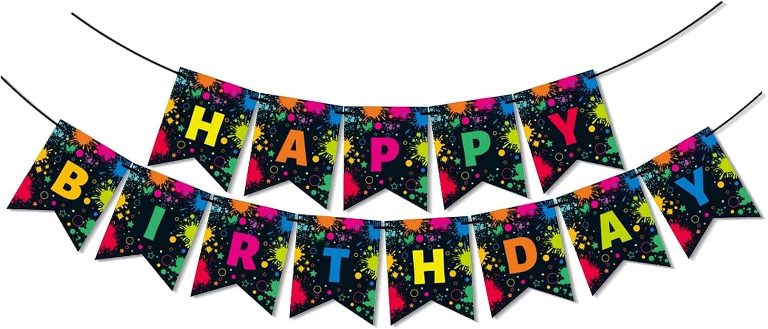 KSHGTB Graffiti Art Happy Birthday Banner - Colorful Dripping Paint Splash & Paintball Theme, Party Decorations Wall Backdrop for Kids Teens Adults, Painting Supplies Inspired Birthday Decor
